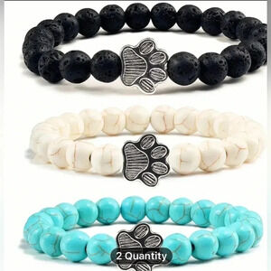 Dog Paw Beaded Bracelet Set Black Teal White